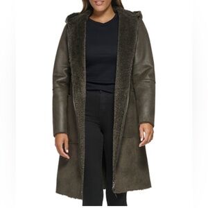 NEW NWT $400 DKNY Hooded Faux Shearling Long Coat, Army Green Brown , 2XL PLUS